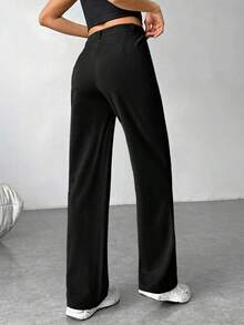 Pantalones Rectos Con Cremallera Y Color Sólido Para Mujer Con Construido En - Negro - Ver 2