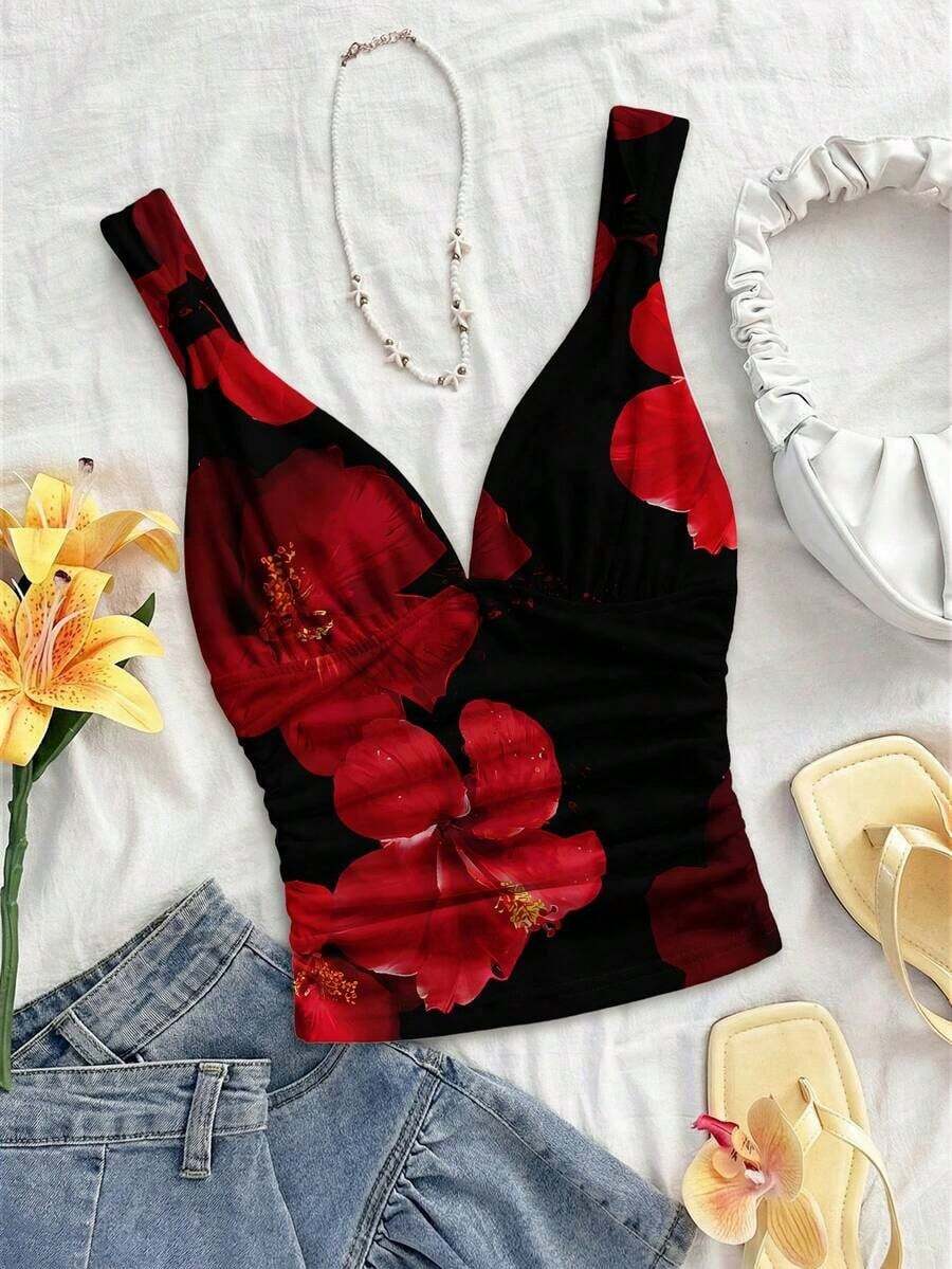 Camiseta de mujer elegante para vacaciones, de tela de punto a lunares, con tirantes retorcidos y fruncidos, de ajuste ceñido, adecuada para vacaciones, citas, té de la tarde, playa, crucero, viaje a la ciudad, vacaciones en la isla, festival de música, vacaciones bohemias, se puede usar por dentro o por fuera - Multicolor 7 - Ver 1