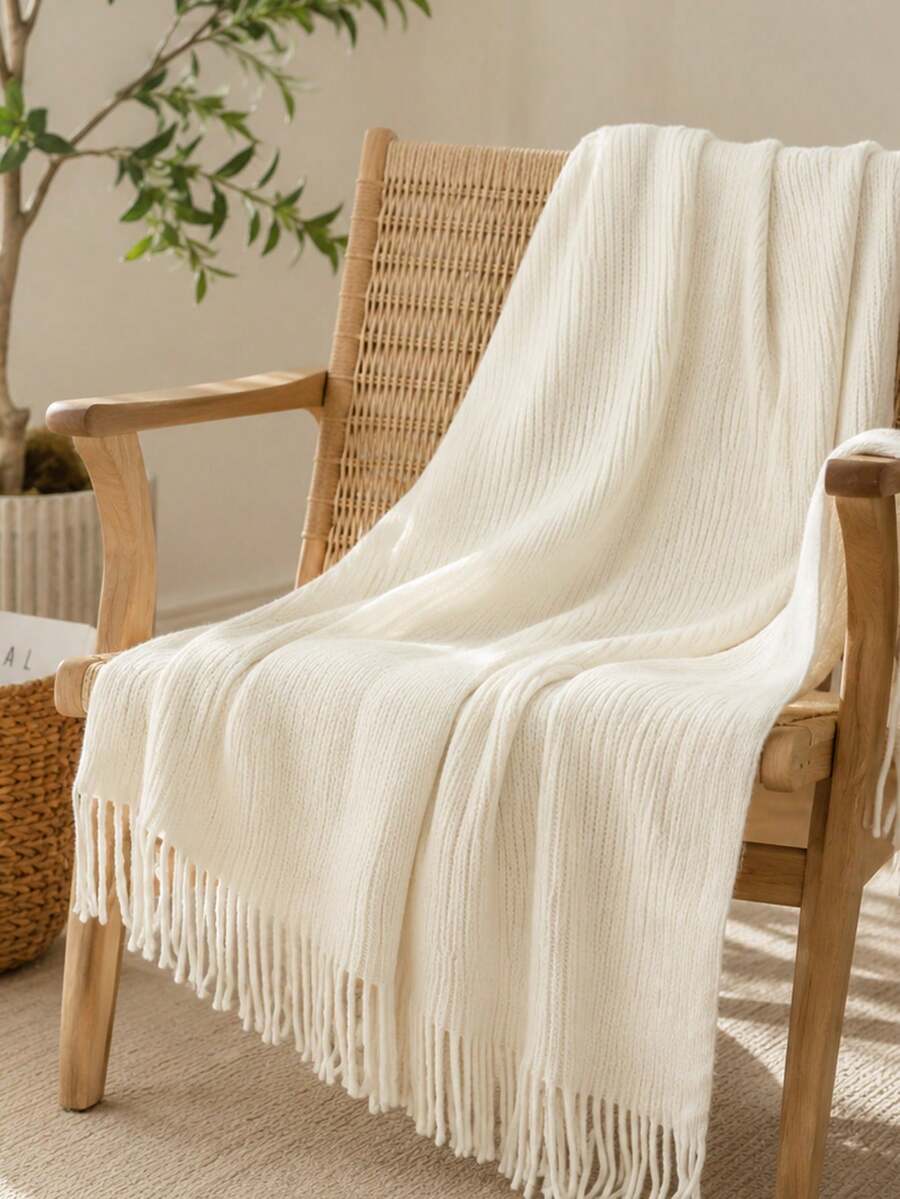 1pc Knitted Solid Color Bubble Yarn Blanket, Air Conditioning Blanket, Sofa Blanket, Bed Blanket, Nap Blanket For Office - Four Beige Stripes - View 1