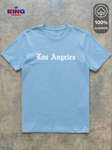 King T-shirt Playera 100% algodón de excelente calidad, esta playera garantiza una suavidad excepcional al tacto, cuello redondo con estampado "Los Angeles Gothic Typography" y manga corta - Celeste - Ver 2