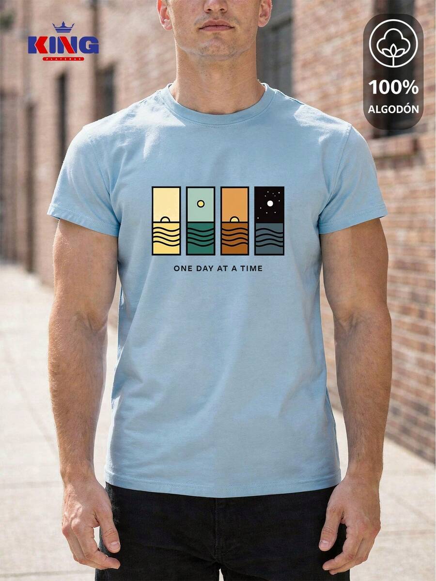 King T-shirt Playera 100% algodón de excelente calidad, esta playera garantiza una suavidad excepcional al tacto, cuello redondo con estampado "One Day At A Time Landscape Panels" y manga corta - Celeste - Ver 1