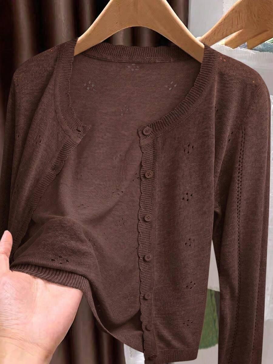 GIGOGOU Women's Lightweight Knit Cardigan, Casual Breathable Long Sleeve, Spring/Summer, Versatile Everyday - Coffee Brown - View 1