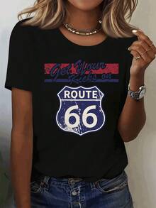 Women's Casual Short-Sleeved, Round-Neck Top With A Relaxed Fit, Decorated With Three Rows Of Blue And Red Lettering And The Number 66 Printed In Blue. UUQ0 - Black - View 1