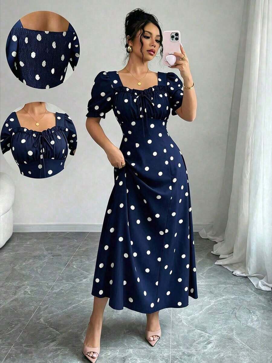 Vestido cuadrado con cuello elegante y estampado floral para mujer, con volantes, mangas con volantes, adecuado para primavera, verano y otoño, vestido corto - Multicolor 6 - Ver 1