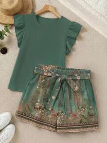 LUNE 2 piezas Conjunto de top con volantes de unicolor elegante y shorts estampados, para verano - Multicolor 2 - Ver 11
