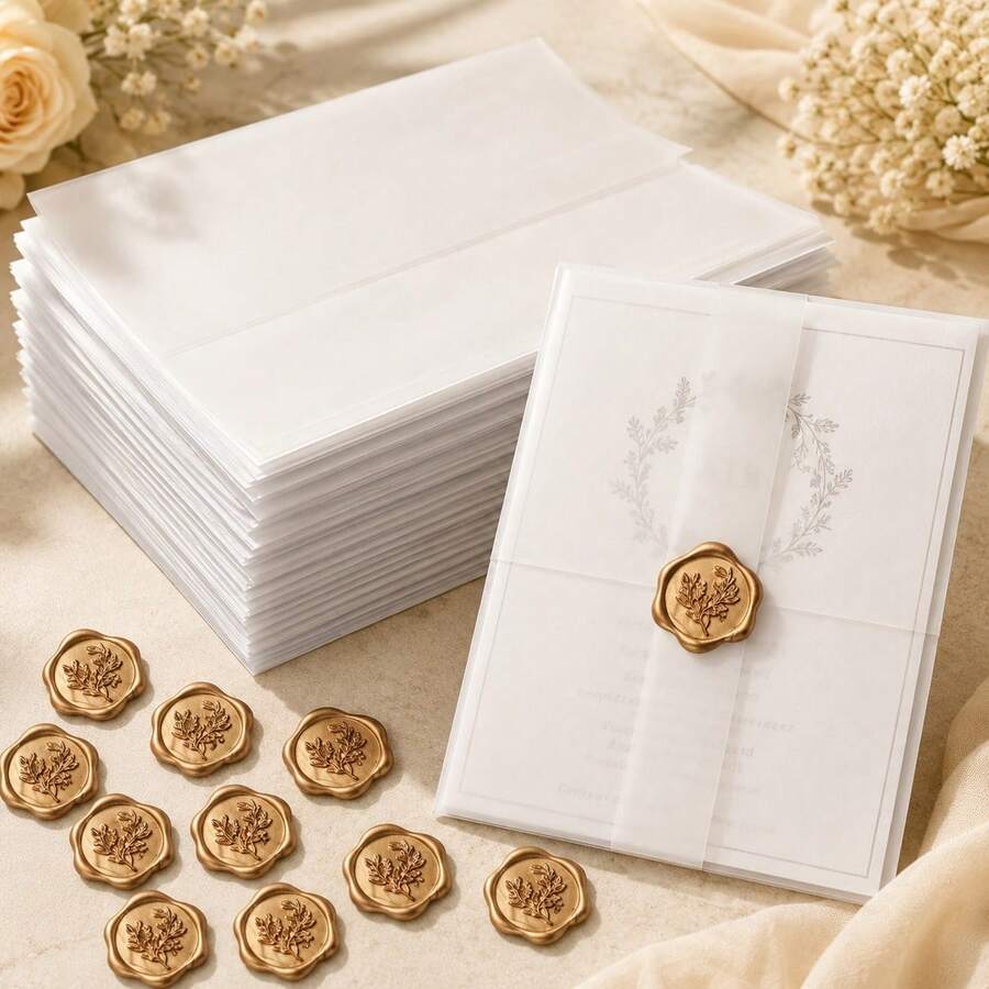 30 Sets 5x7 Inch Pearl Paper Invitation Cards, Pre-Folded 5x7 Inch Wedding Invitation Pearl Paper Set With Wax Seal Stickers, 115g Transparent Luxury Wedding Invitation Accessories - Transparent - View 1