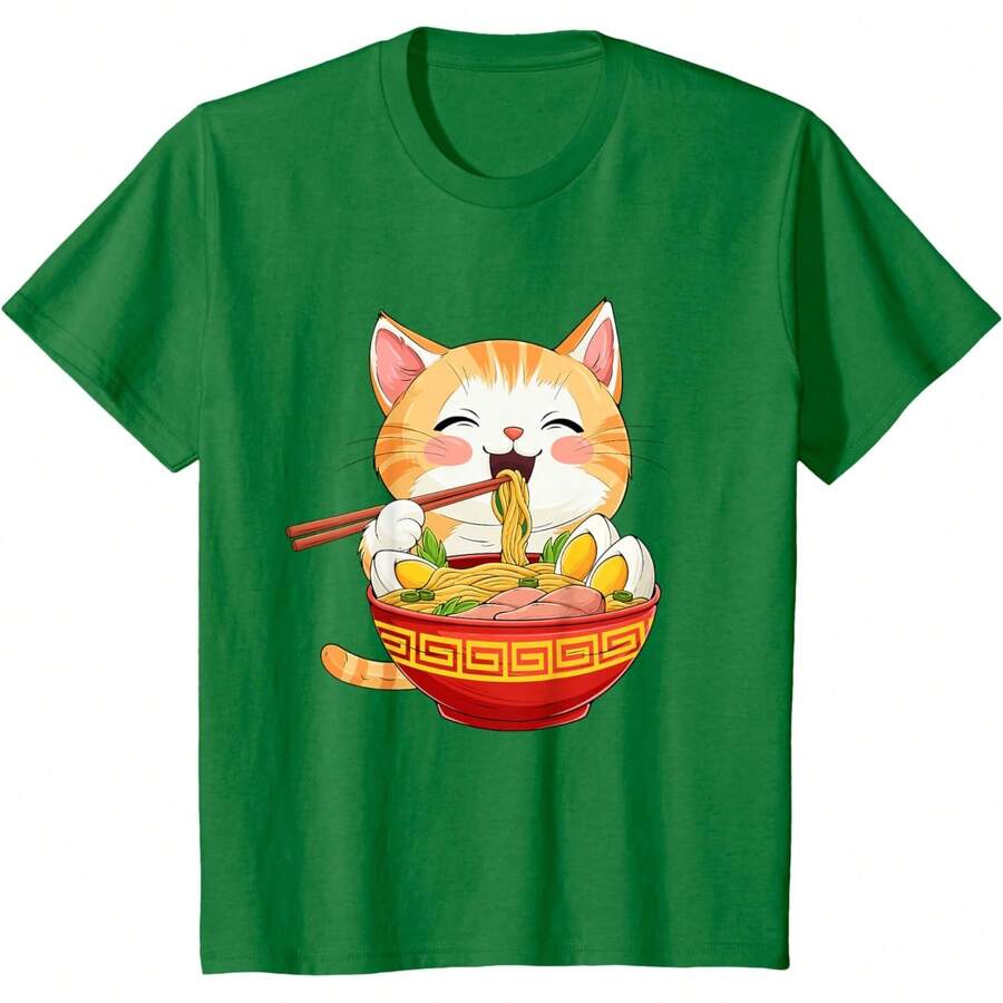 T-Shirt With Japanese Cat Eating Ramen Design - Cute Anime Style - Kelly Green - View 1