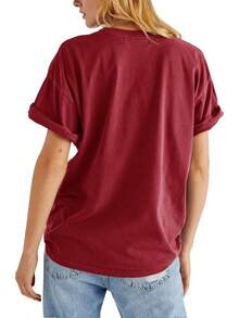 Women's T-Shirt With Rose Print, Loose Fit, Short Sleeve Summer Top, Casual Round Neck Boyfriend Style Top - 紅色 - 查看 2