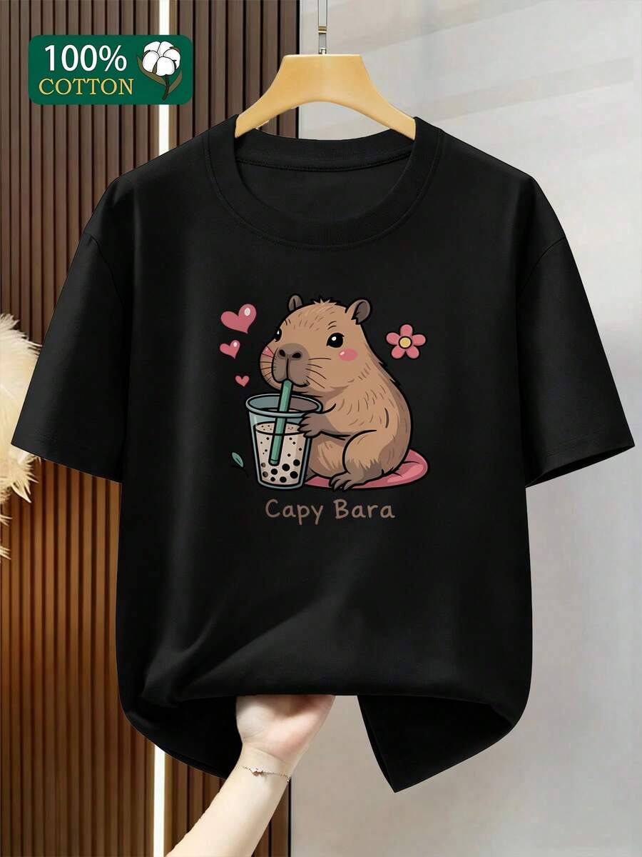 Camiseta de Mujer 2026 | Cuello Redondo Holgado, Lindo Estampado de Carpincho, Manga Corta, Suave, Esencial para un Look Casual, Lavable a Máquina, Diseño Versátil y Sencillo