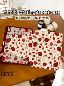 Funda con estampado de lazo de fresa, cubierta protectora acrílica giratoria 360° sin imanes, soporte plegable en forma de Y, a prueba de golpes, activación/suspensión automática, compatible con iPad 11 2025/Air 2026/Pro 11/13 Series, estilo lindo y femenino, para estudio/oficina/viajes - Burdeos - Ver 3
