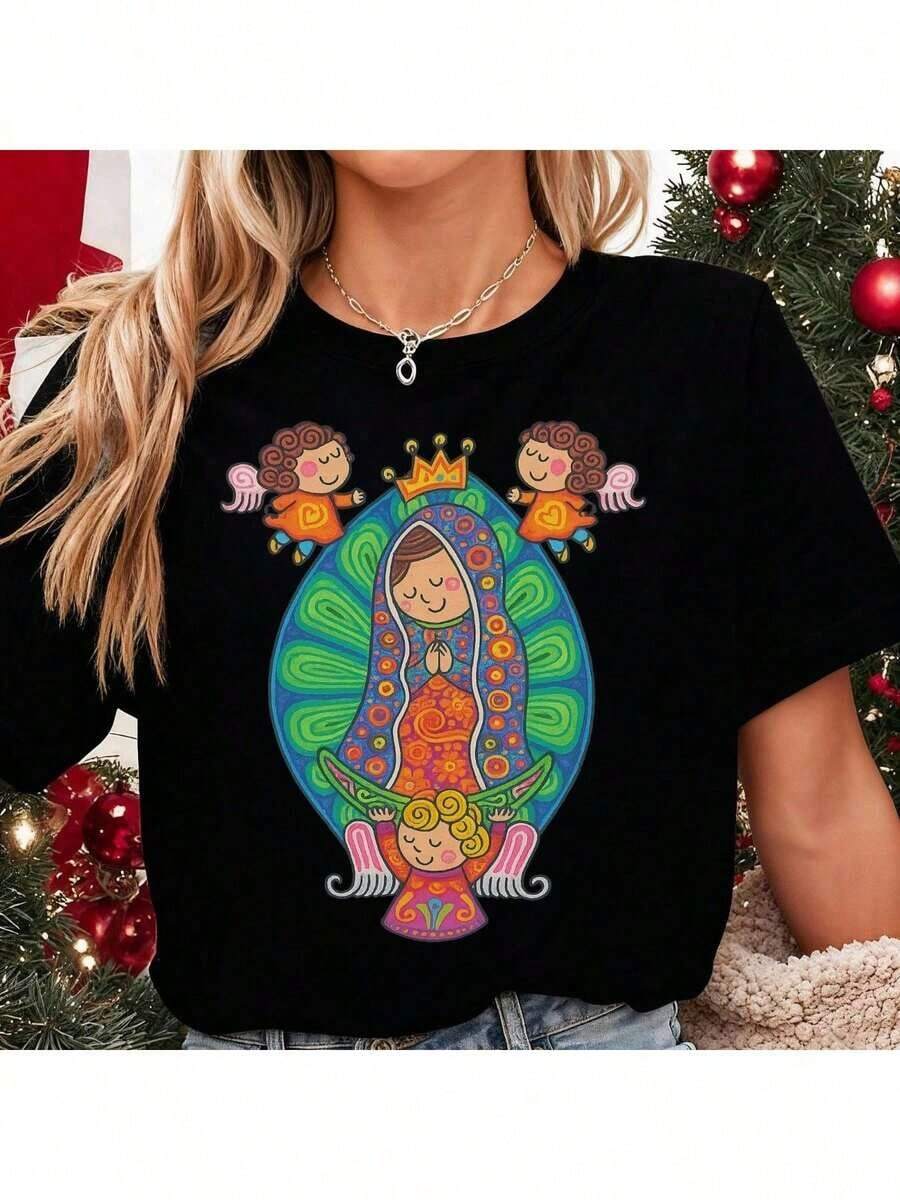 | 1 Playera para Mujer 100% Algodón Transpirable | Camisetas Estampadas para Mujer, Camisetas Mexicanas para Mujer, Camiseta Cristiana de la Virgen de Guadalupe para Mujer con Ángeles y Diseño Colorido, Blusas Frescas para Mujer. Es un gran regalo para familiares, amigos, novios y novias. Ropa de invierno para mujer, - Ideal para el verano. Camiseta deportiva para mujer - Negro - Ver 1