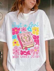 1 piezaCamiseta de algodón estampada de moda para mujer, cómoda camiseta de manga corta para calle, camiseta simplemente para una chica que ama a Jesús, camiseta de Jesús, ropa cristiana, camiseta cristiana para mujer, regalo cristiano, camiseta clásica de manga corta, camiseta de algodón pesado estampada, camiseta gráfica casual de manga corta para mujer, ropa de invierno para mujer. Camiseta deportiva para mujer - Blanco - Ver 6
