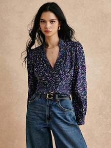 Blusa de manga larga con cuello con muescas y estampado floral diminuto - Morado - Ver 4