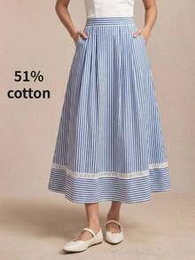 Falda de mujer con diseño de parche, bolsillo lateral y dobladillo de encaje hueco, versátil para oficina, formal, casual y romántica para el transporte urbano, nueva colección primavera/verano - Azul y blanco - Ver 6