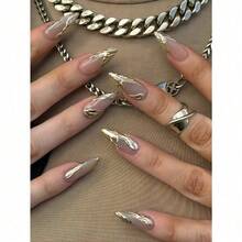 Y2K Style Instantly Upgrade Your Look! 24pcs Set Street Minimalist Casual Daily Personalized Cool Extremely Simple Nordic Silver Asymmetric Metal Line Crystal Decor 3D Metal Cross White French Almond Shaped Press-On Fake Nails, Suitable For Stylish And Cool Girls And Ladies Nail Art Supplies. - Vàng - Xem 8
