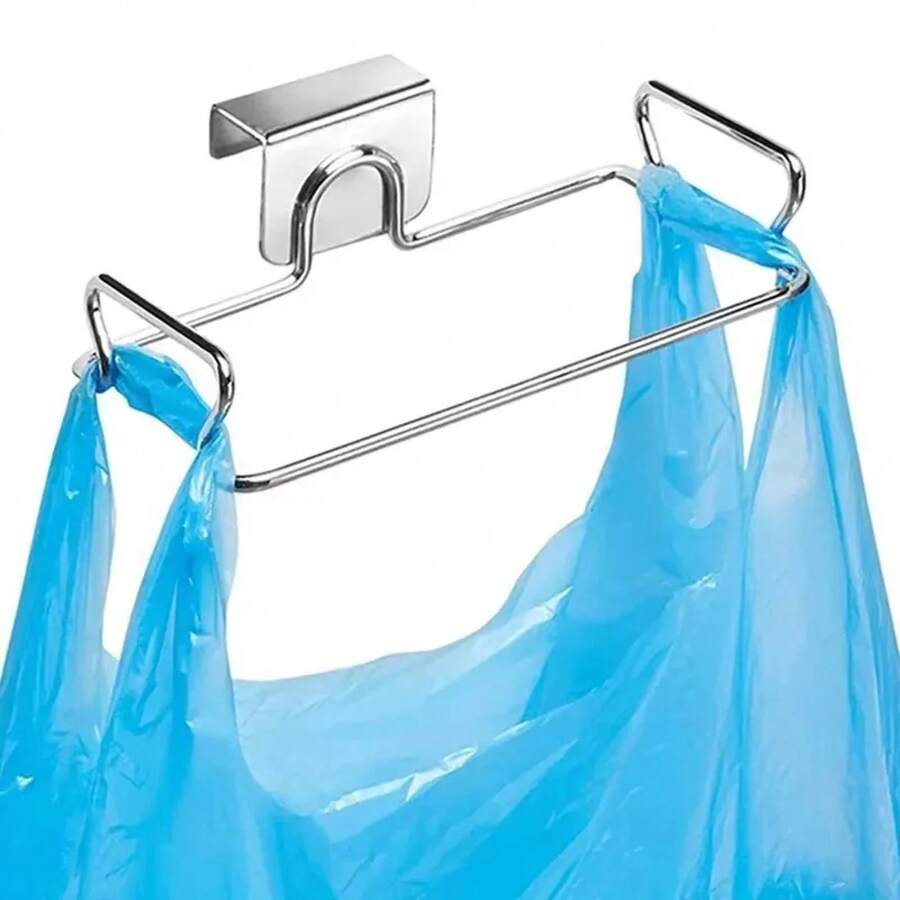 Estante de basura para cocina, puerta de armario, soporte para bolsas de basura, soporte de almacenamiento de basura de armario de acero inoxidable - 1 Pieza Plateada - Ver 1