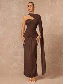 Vestido de fiesta VITNOS de nueva temporada otoño-invierno, de alta gama, elegante, de color crema amarillento, con diseño sencillo y chic, espalda descubierta (lentejuelas desmontables), volantes en el pecho, bajo de malla transparente y cola de pez, adecuado para citas, vacaciones, fiestas, bodas, damas de honor y eventos de noche - Marrón - Ver 1