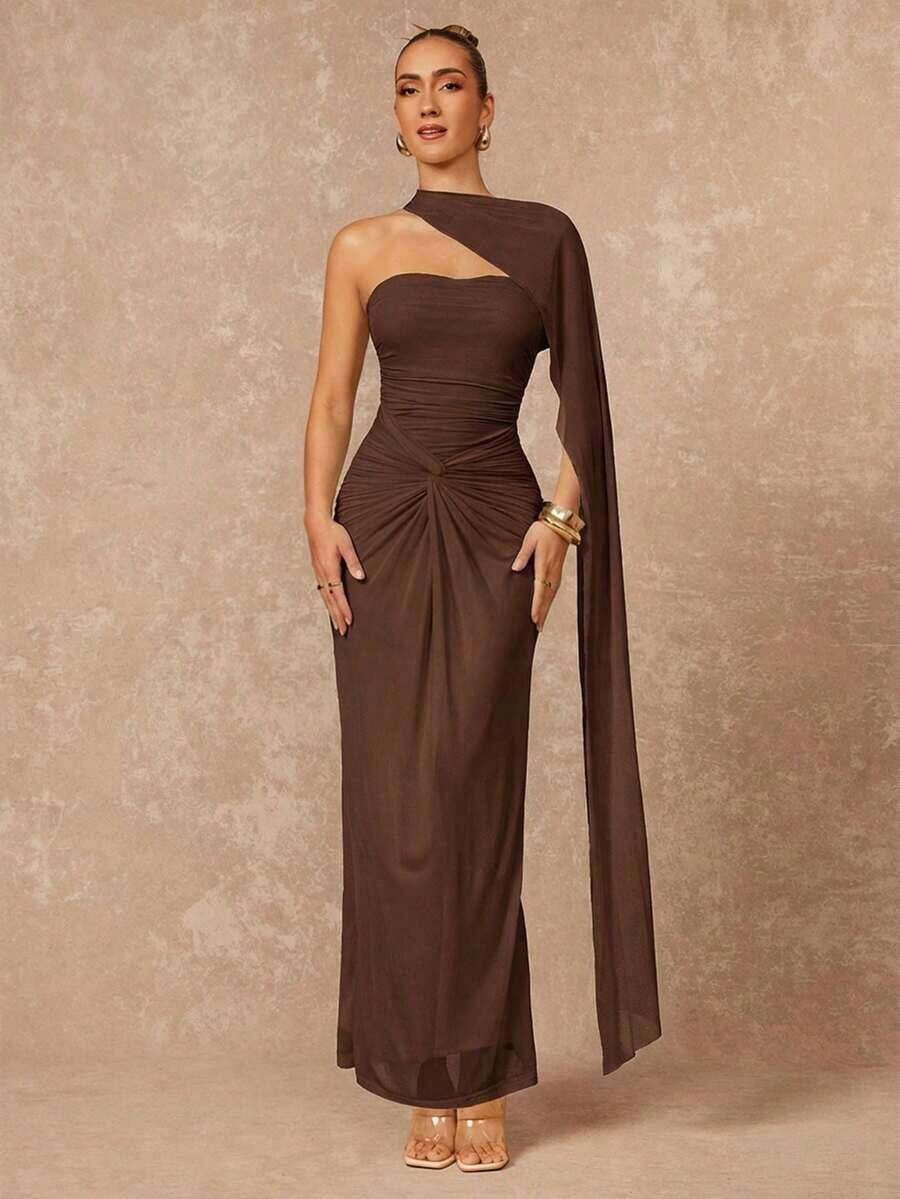 Vestido de fiesta VITNOS de nueva temporada otoño-invierno, de alta gama, elegante, de color crema amarillento, con diseño sencillo y chic, espalda descubierta (lentejuelas desmontables), volantes en el pecho, bajo de malla transparente y cola de pez, adecuado para citas, vacaciones, fiestas, bodas, damas de honor y eventos de noche - Marrón - Ver 1