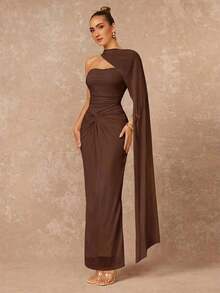 Vestido de fiesta VITNOS de nueva temporada otoño-invierno, de alta gama, elegante, de color crema amarillento, con diseño sencillo y chic, espalda descubierta (lentejuelas desmontables), volantes en el pecho, bajo de malla transparente y cola de pez, adecuado para citas, vacaciones, fiestas, bodas, damas de honor y eventos de noche - Marrón - Ver 7