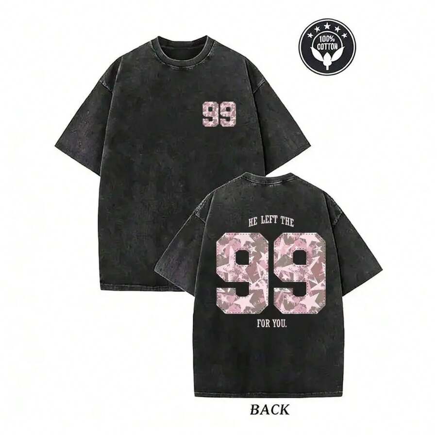 Camiseta gráfica con estampado de la estrella "99" y efecto lavado de Christian "He Left The 99 For You" - Negro - Ver 1