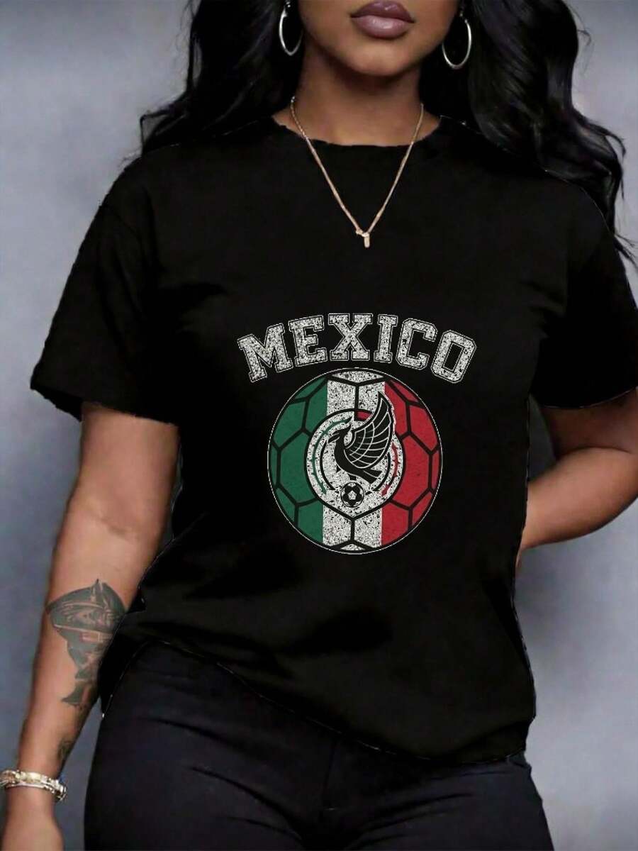 Women's Crew Neck T-Shirt, Soccer And Mexico Theme, Vibrant Green, White, Red And Black Color Palette, Vintage Style Distressed Texture, Symmetrical Ball And Eagle Composition, Patriotic And Dynamic Atmosphere, Distressed Texture Details And Retro Aesthetic, Printed Design, Machine Washable, Durable Fabric, Comfortable Material, Casual Style, Loose Casual Wear, Pairs With Jeans, Shorts, And Light Jackets - 黑色 - 查看 1