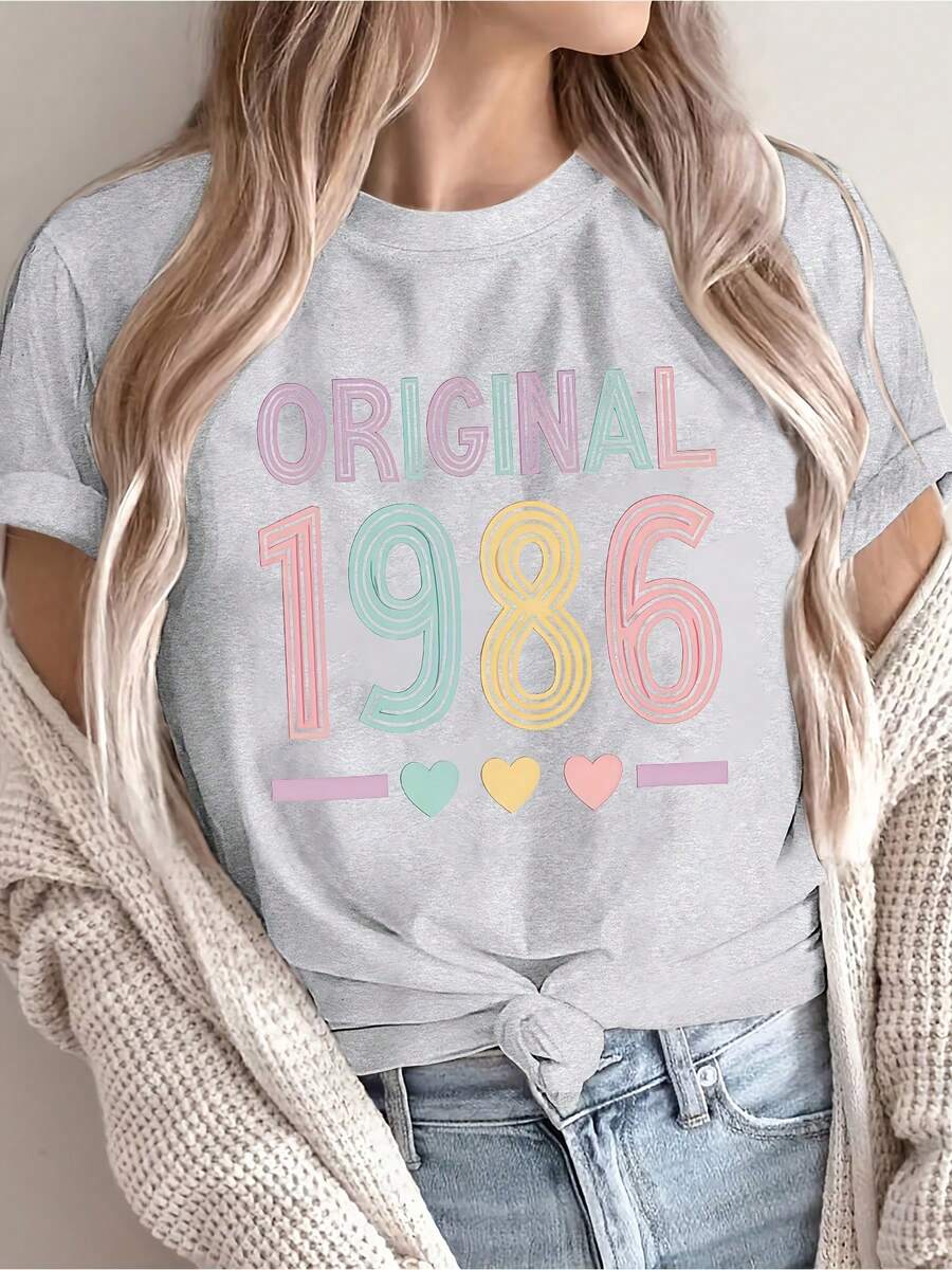 1pc Women's Vintage T-Shirt "1986 Original" Rainbow Print - Pastel Aesthetic Casual Top, Spring/Summer Machine Washable, Limited Offer - Birthday Gift For Her, Nostalgic Fashion, High Quality Fabric - 淺灰色 - 查看 1