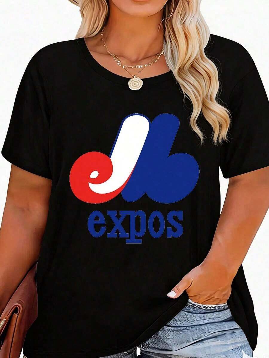 Camiseta gráfica de las Montreal Expos para mujer, camiseta casual de algodón de manga corta, camiseta de moda de temporada con cuello redondo, camiseta minimalista llamativa, camiseta con estampado de anime/eslogan/banda, tela cómoda de elasticidad media, lavable a máquina - Versátil para el uso diario, deportivo o en ocasiones especiales. - Negro - Ver 1