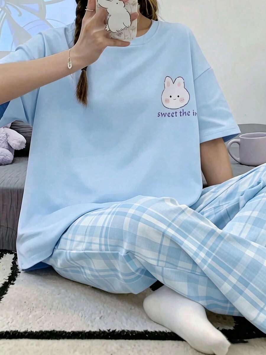 Conjunto de pantalones y blusa de manga corta con estampado de conejo de dibujos animados para niñas adolescentes - Azul - Ver 1