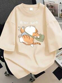 Plus Size Women's Casual Cat Print T-Shirt, Suitable For Everyday Wear, Outings, Vacations, Summer, Beach Parties, Music Festivals, Holidays And Other Events. Color: Black - 杏 - 查看 10