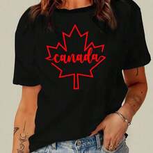 New Women's Summer Casual T-Shirt, Cotton, With Canadian Flag And Heart Print, Short Sleeve, Round Neck, Drop Shoulder, Cute Summer T-Shirt With Slightly Elastic Fabric - Vintage Urban Style, Unisex, Loose Fit, Cotton, Short Sleeve, Round Neck. - 黑色 3 - 查看 4