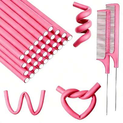 20pcs Flexible Foam Hair Curling Rods With A 2pcs Rat Tail Comb, Styling Tools For Daily, Travel And Sleeping,Perm Stick, Free Of Heat And Hair Damage, Slouchy Sleep Hair Roller, Universal Stick Heat Barrier Rod, Cold Perm Stick, Hair Styling Tool,