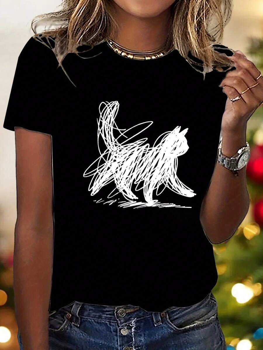 New Short Sleeve Crew Neck T-Shirt, Hand-Painted Cat Pattern, Soft And Lively Print, Stylish And Elegant, Y2K Style, Women's Casual Sports T-Shirt, No V-Neck, Sizes S-XXL - 黑色 - 查看 1