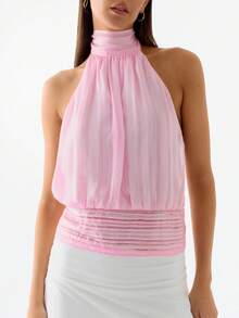 Women's Halter Pleated Chiffon Tank Top Sleeveless Neckline Tie-Up Open Back Tie Casual Blouses 2025 Summer Tops - 粉色 - 查看 3
