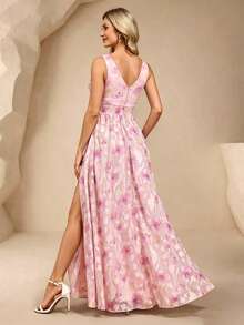 Đầm phù dâu dáng chữ A không tay cổ chữ V bằng chiffon thanh lịch dành cho nữ, đầm dự tiệc màu hồng xẻ tà, đầm dạ hội trang trọng, đầm dự đám cưới, thích hợp cho lễ tốt nghiệp, kỳ nghỉ, tiệc sinh nhật, đầm dự lễ hội. - Hồng - Xem 2