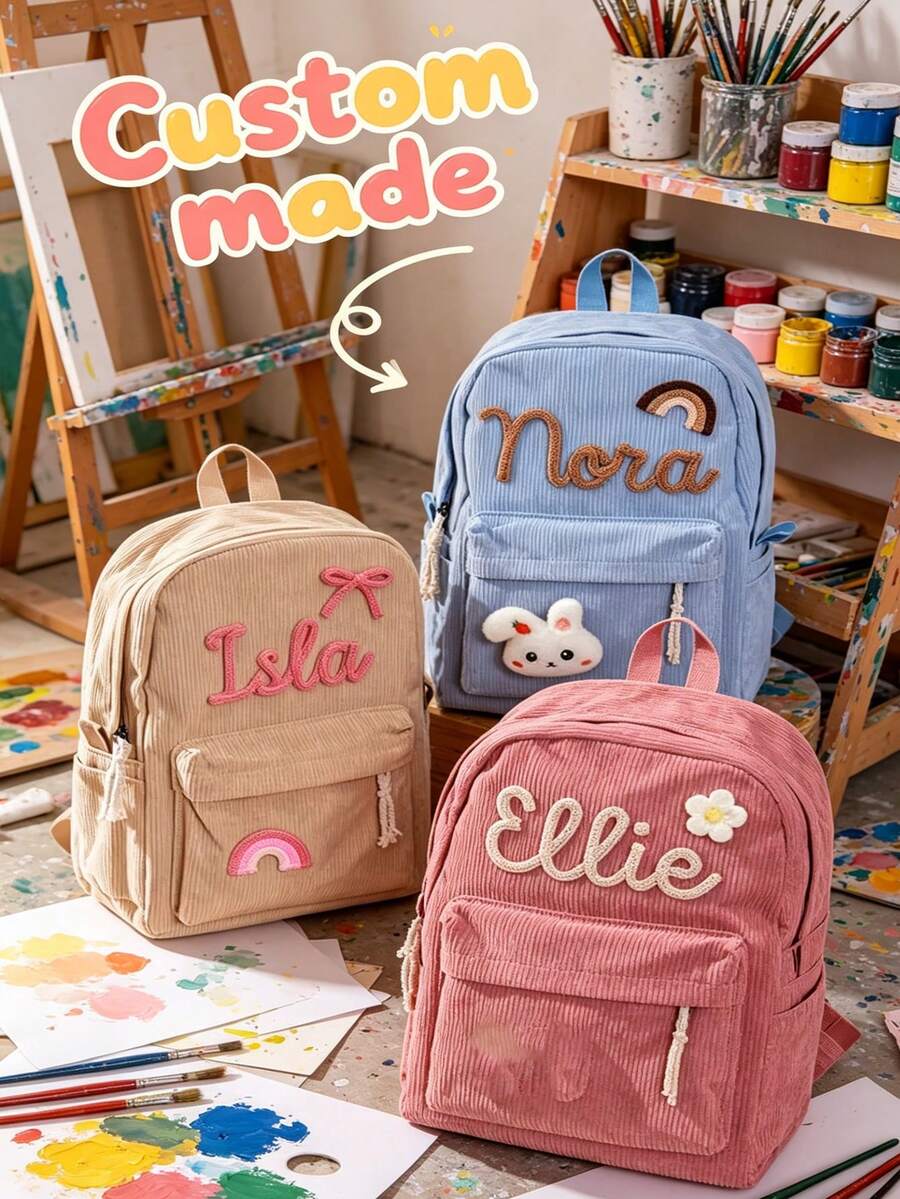 Personalized Custom Name Cute Corduroy Large-Capacity Backpack Custom Backpack, Personalized Name Birthday Gift, Back-To-School Season - Multicolor - View 1