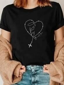 Spring And Summer One-Piece T-Shirt With Round Neck, Jersey And Cross Heart Print, Round Neck And Short Sleeves, Ideal For Running, Sports, Fashion, Elegant, Individual And Interesting For Women - 黑色 - 查看 3