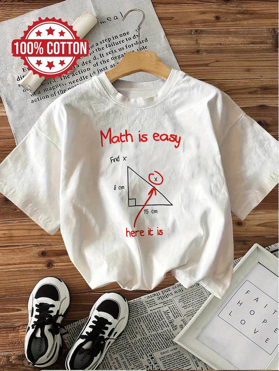 Camiseta Casual de Manga Corta y Cuello Redondo con Estampado "Math Is Easy", 100% Algodón, Adecuada para Verano y Primavera, Ropa de Mujer - Negro - Ver 1