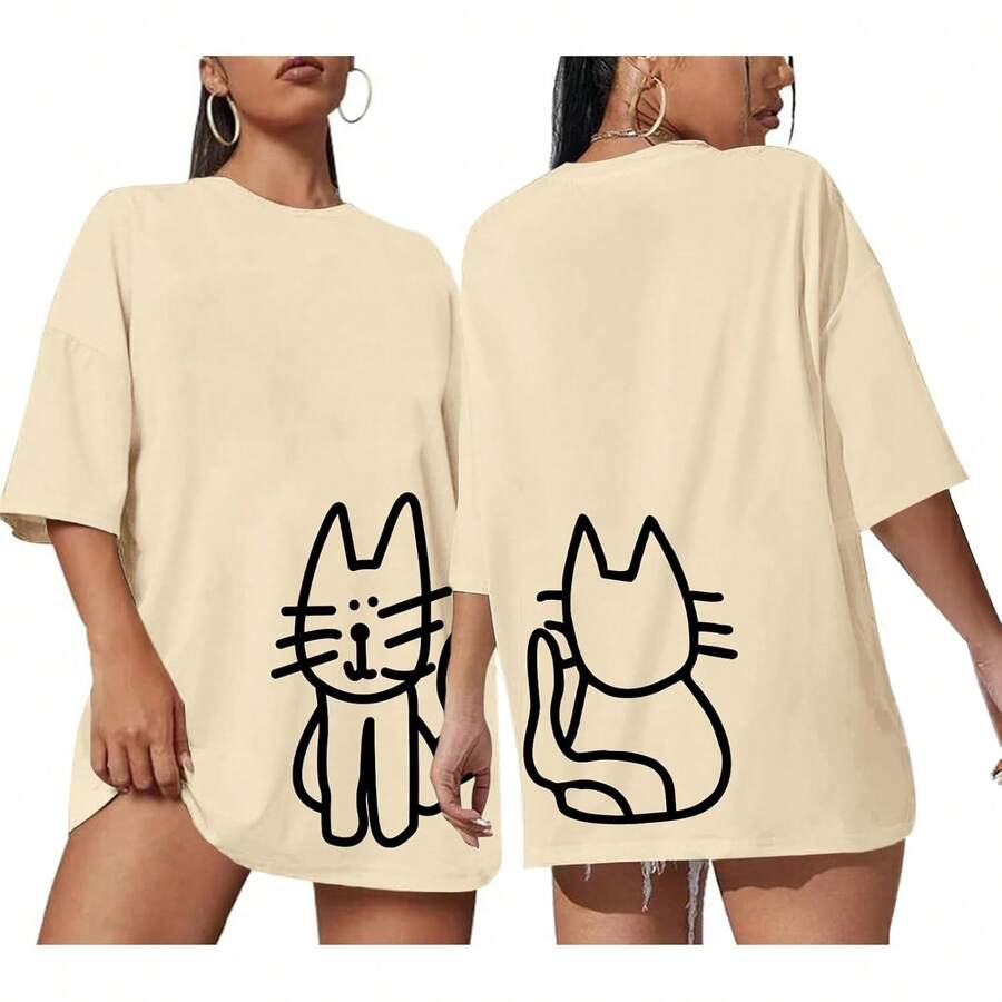Cute Cat T-Shirts For Women, Oversized Black Cat Graphic T-Shirt, Casual T-Shirt, Kawaii T-Shirts, Fun And Stylish Tops - 杏色 - 查看 1