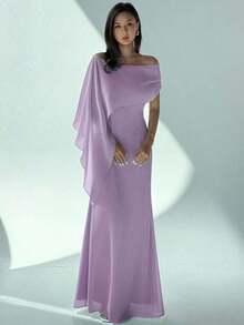 Nuevo vestido de hombros descubiertos con cuello de barco, ajuste ceñido y fluido con detalle de lazo, versátil para cumpleaños, fiesta, cóctel, color verde - Lila Púrpura - Ver 7