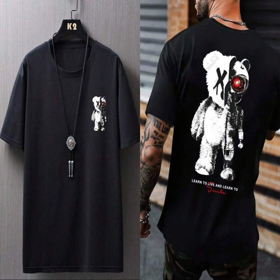 Manfinity Roughcore Hombres Camiseta con estampado de oso y letra BEI7 - Negro - Ver 1