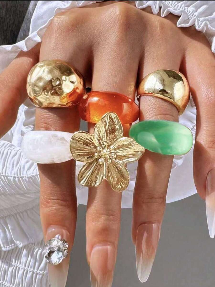 6pcs/Set Vintage Luxury Multifunctional Exquisite Elegant Unique Geometric Resin Super Large Flower Ring Set, Women's Thick Metal Gold Cocktail Rings, Suitable For Daily And Party Decoration, Gift Jewelry Set - Multicolor - View 1