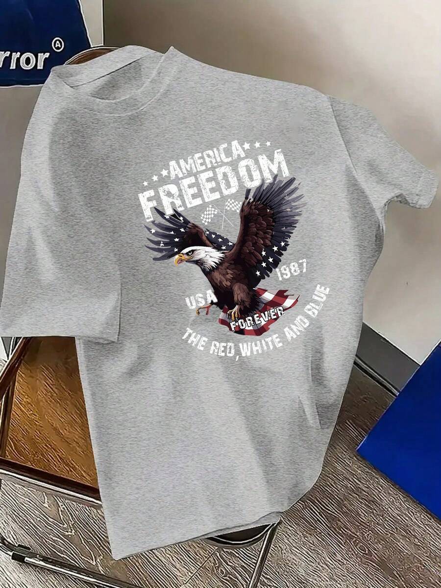 Men's Plus Size T-Shirt, 100% Cotton, American Elements Print, Crew Neck, Short Sleeve, USA 1987 Eagle Design, Red And White Theme, Comfortable And Casual Short Sleeve Summer T-Shirt, PLUS SIZE - 灰色 - 查看 1