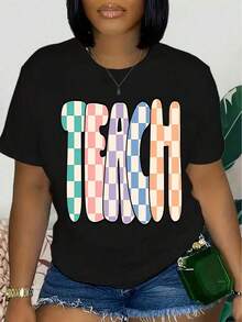 Women's Short-Sleeved Camisole, 100% Cotton, Soft And Breathable - Graphic Print With Teacher Theme, Casual Round Neck Top For Back To School Season, Versatile Camisole For Educators And Mothers, Teacher Camisole, Breathable And Comfortable. - 黑色 - 查看 6