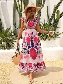New Autumn Lightweight V-Neck All-Over Cute Leaf & Floral Print Bohemian Casual Pleated Ruffle Hem Waist Splice Maxi Dress, Suitable For Music Festivals, Women's Holidays, Country Music Concerts, Graduation, Parties, Back To School, Teacher's Day, Halloween, Christmas Vacation Summer Elegant - 粉色 - 查看 2