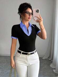 Camiseta casual de negocios de estilo vintage 2 en 1 para mujer, adecuada para la oficina, temporada de regreso a clases - azul y negro - Ver 1