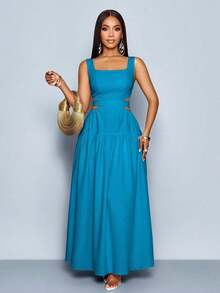 xheSOLERSUN Vestido elegante de mujer con cuello cuadrado, corte en la cintura, espalda con lazo y pliegues, estilo línea A, para Hawái, vestidos de verano para mujer, vestido para té, vestido largo blanco para graduaciónxhe - Agua verde azul - Ver 3