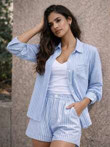 CONJUNTO LISTRADO Crepe Camisa manga longa e short casual Botão - Inverno Verão - 2 Peças - Azul bebê - Visão 3