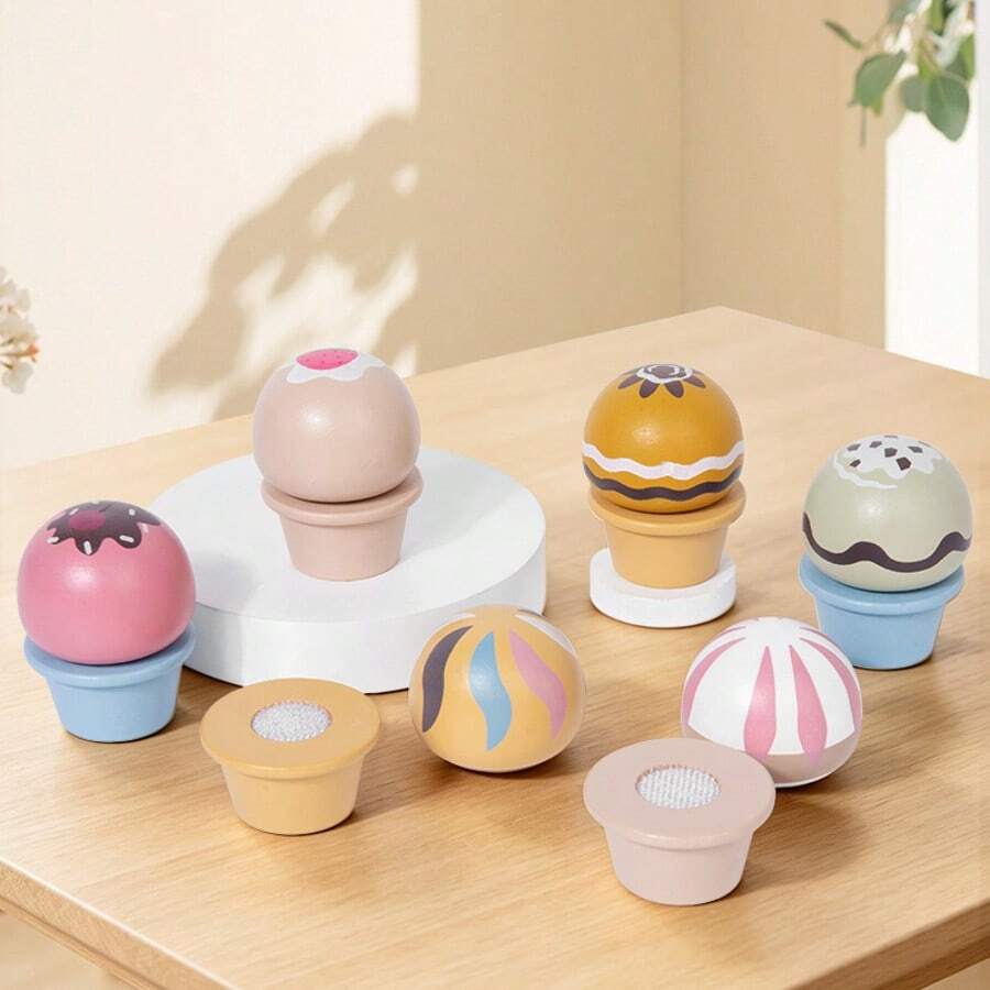 3-5 Years Old Children Wooden Ice Cream Cart Toy Set, With Cake DIY Handmade, Realistic Ice Cream Toys, Kitchen Accessories
