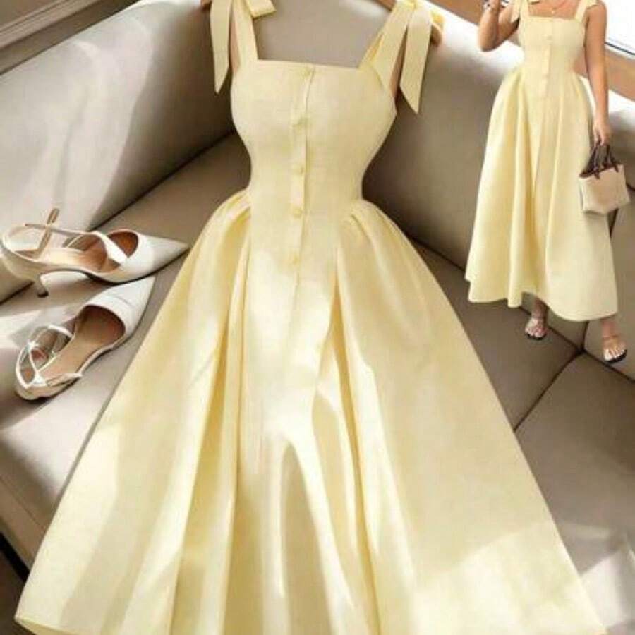 YijiaNvz Nuevo vestido midi tejido bicolor con textura y tirantes anudados, elegante y versátil para uso en la oficina - amarillo ganso - Ver 1