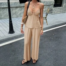 Conjunto de blusa tirante y pantalones largos para mujer de verano, estilo vacacional y look hot girl - Caqui - Ver 8